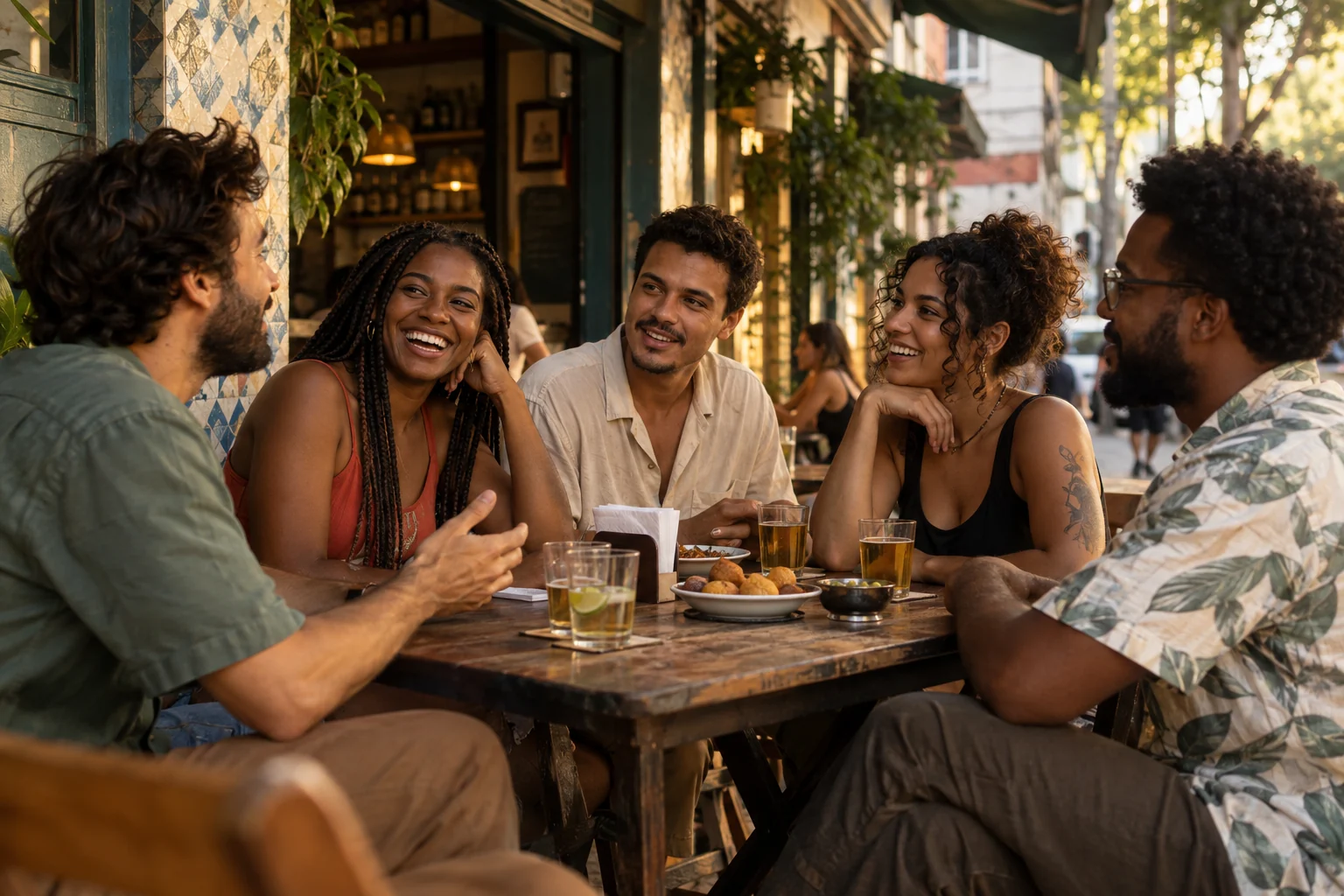 Friends talking together at a neighborhood boteco in Rio de Janeiro